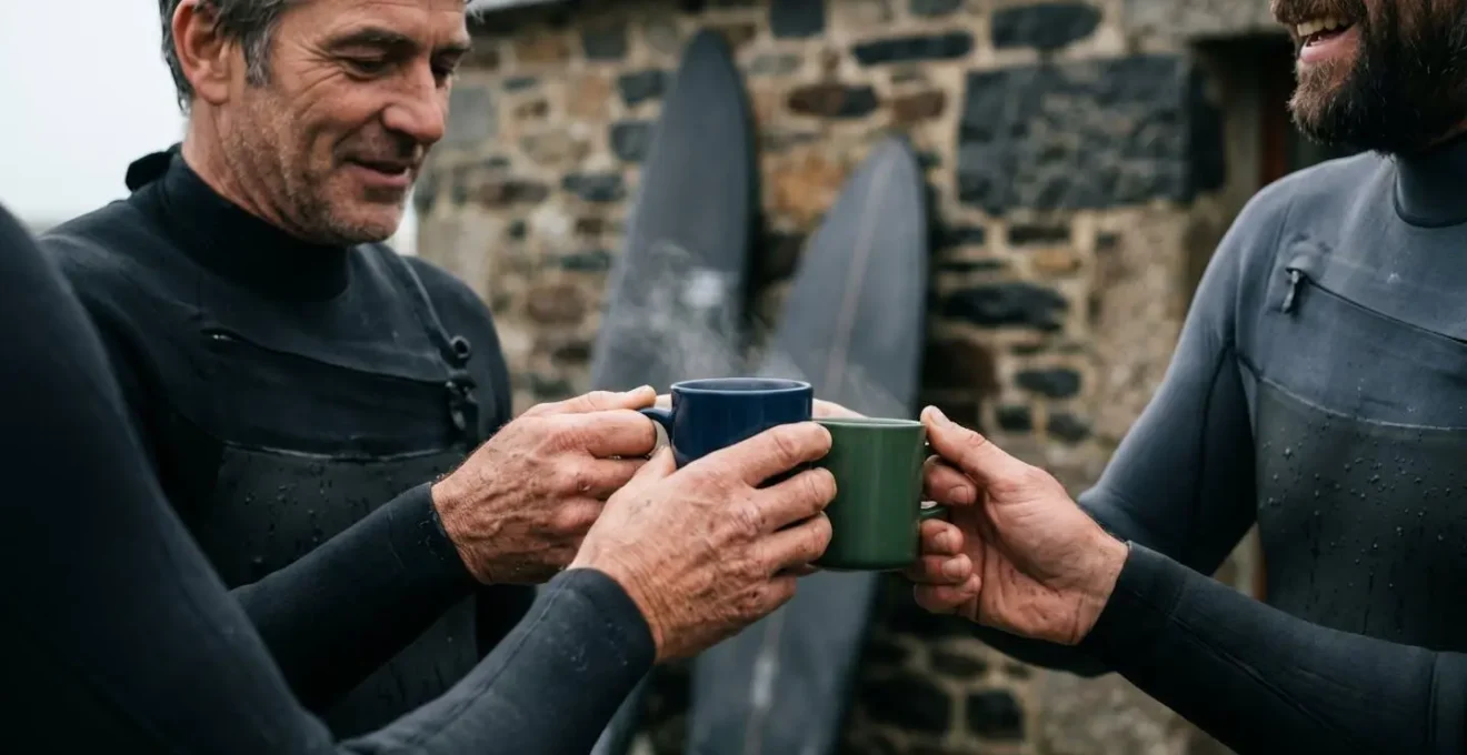 Mains de surfeurs locaux partageant un moment convivial après la session, avec planches en arrière-plan
