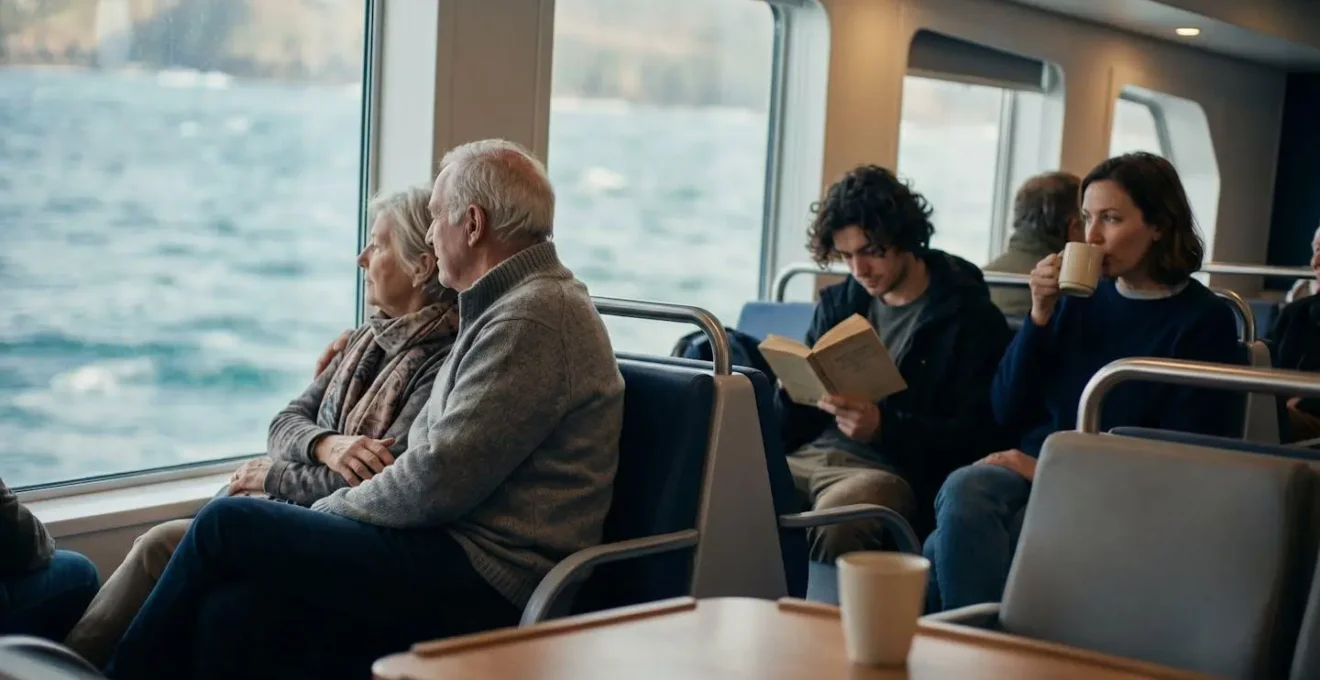 Salon de passagers à bord d'un ferry breton avec atmosphère conviviale
