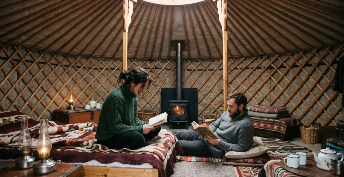 Intérieur chaleureux d'une yourte avec espaces individuels délimités par l'éclairage