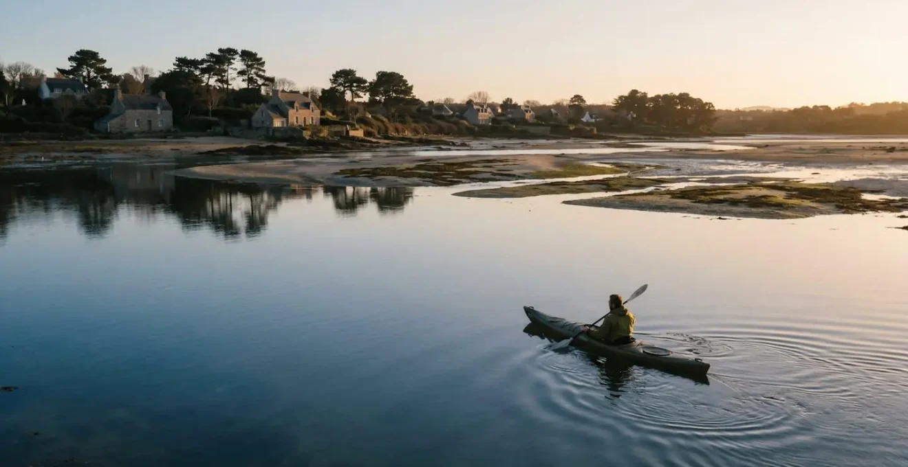 Kayakiste solitaire naviguant dans les eaux calmes d'un aber à marée basse avec reflets dorés