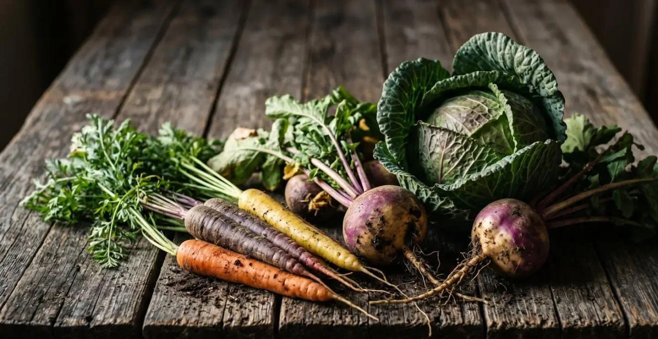 Composition minimaliste de légumes d'hiver bretons disposés sur bois brut, chou vert, navets et carottes avec leur terre