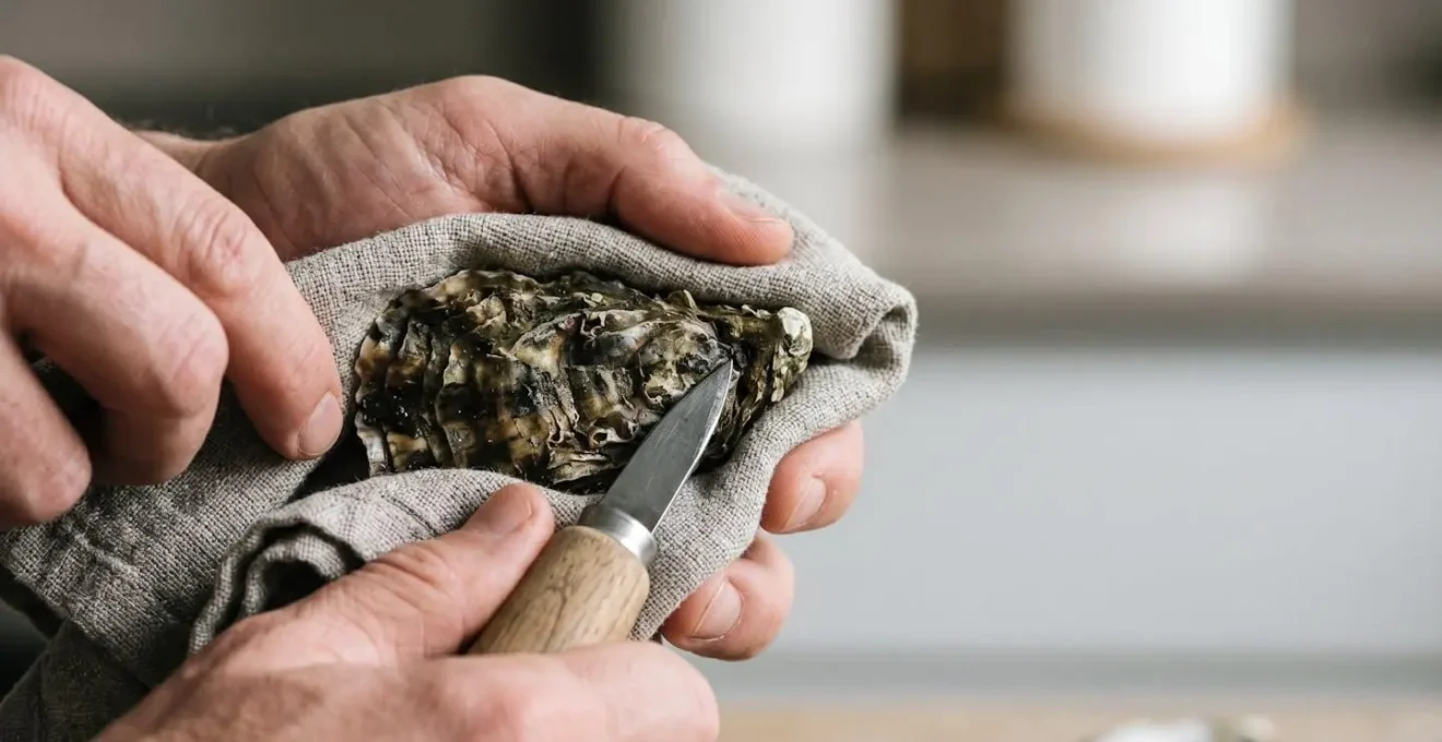 Gros plan sur des mains protégées par un torchon épais ouvrant une huître avec la technique correcte