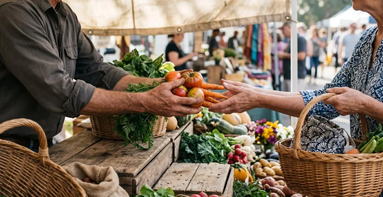 Scène authentique d'un marché de producteurs locaux avec interaction entre visiteurs et vendeurs