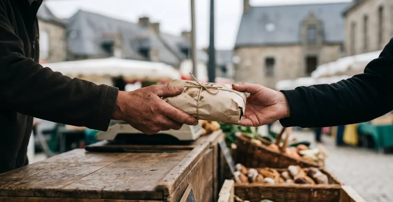 Scène authentique de marché de producteurs bretons favorisant la rencontre directe entre consommateurs et artisans du terroir