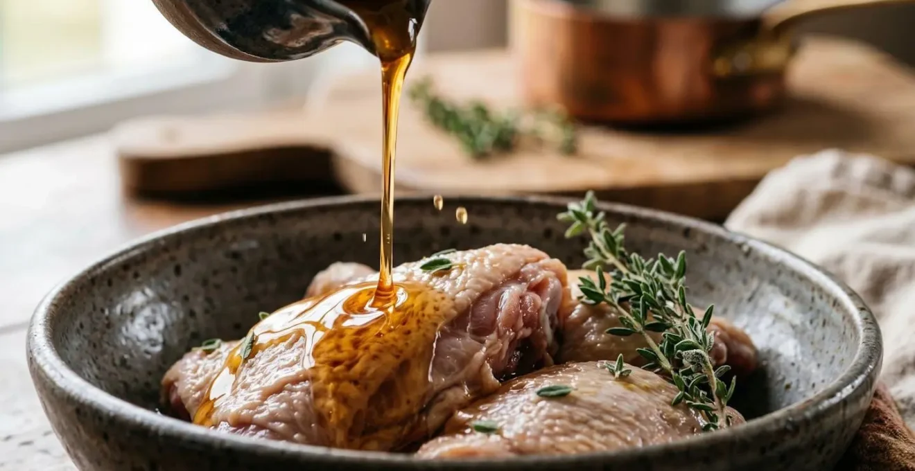 Préparation culinaire avec du chouchen pour mariner une pièce de viande dans une ambiance de cuisine artisanale