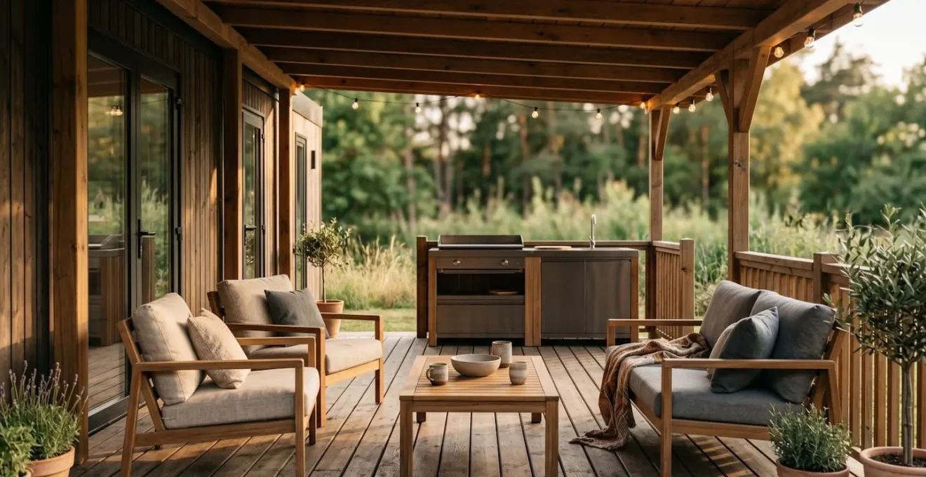 Terrasse en bois couverte d'un mobil-home haut de gamme avec salon de jardin design et plancha intégrée