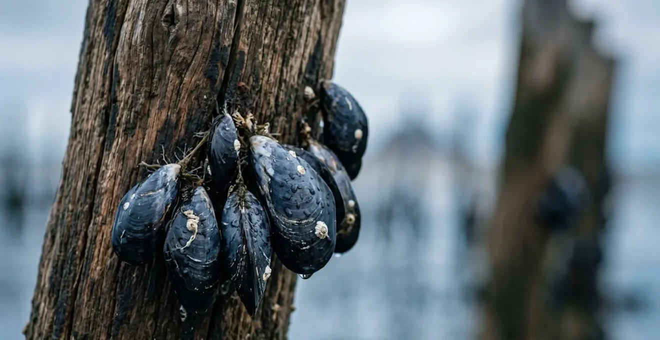Moules de bouchot accrochées sur pieux en bois plantés dans l'estran breton à marée basse