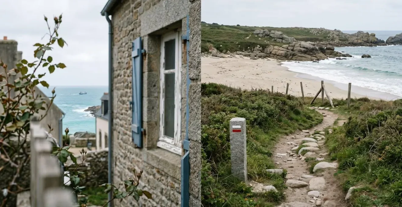 Contraste entre une terrasse avec vue lointaine sur l'océan et un sentier côtier GR34 menant directement à une plage bretonne