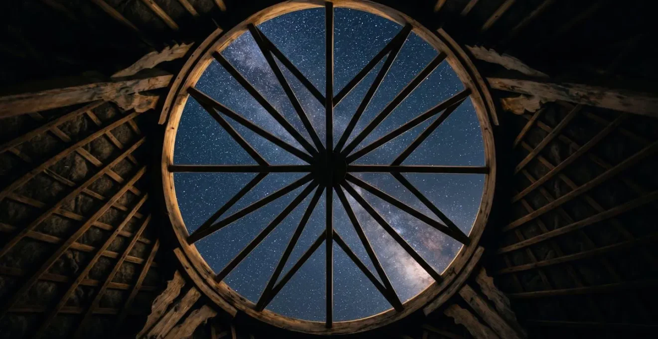 Vue du ciel étoilé à travers l'ouverture circulaire d'une yourte dans les Monts d'Arrée