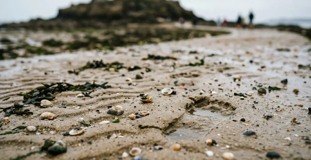 Détails du passage à gué menant au Grand Bé à marée basse avec empreintes dans le sable