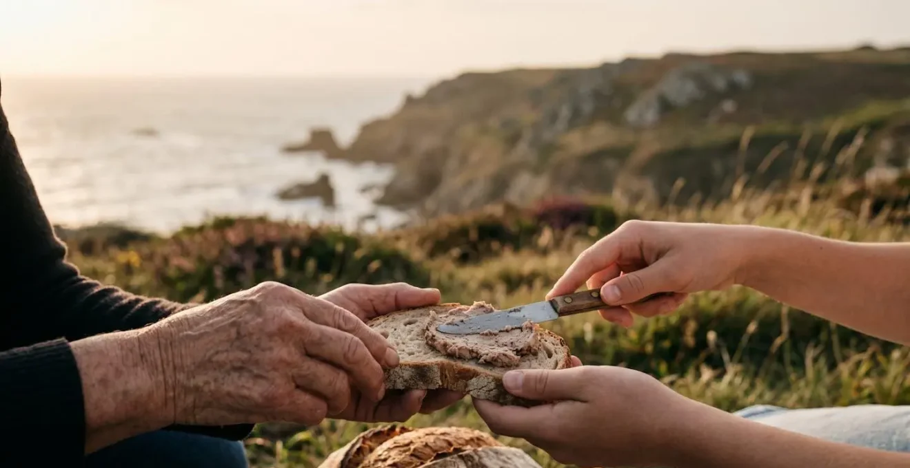 Scène nostalgique évoquant la tradition du pique-nique breton et l'attachement émotionnel aux produits du terroir