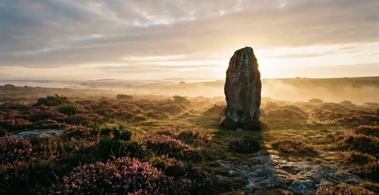 Menhir solitaire dans un paysage breton au lever du soleil avec brume matinale