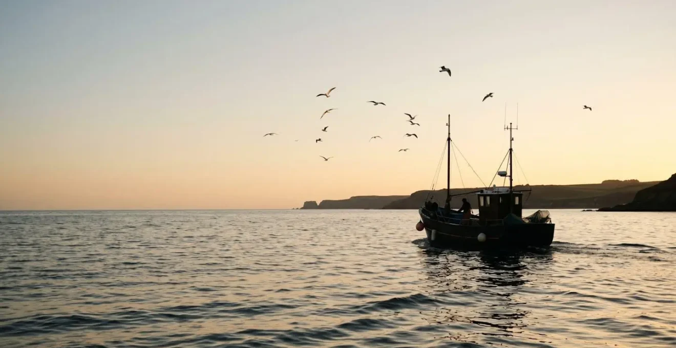 Scène maritime évoquant la pêche artisanale bretonne au lever du jour sur l'Atlantique