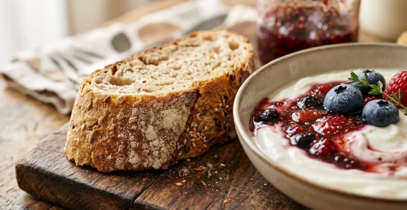 Détails d'un petit-déjeuner maison avec produits artisanaux locaux dans une chambre d'hôtes française