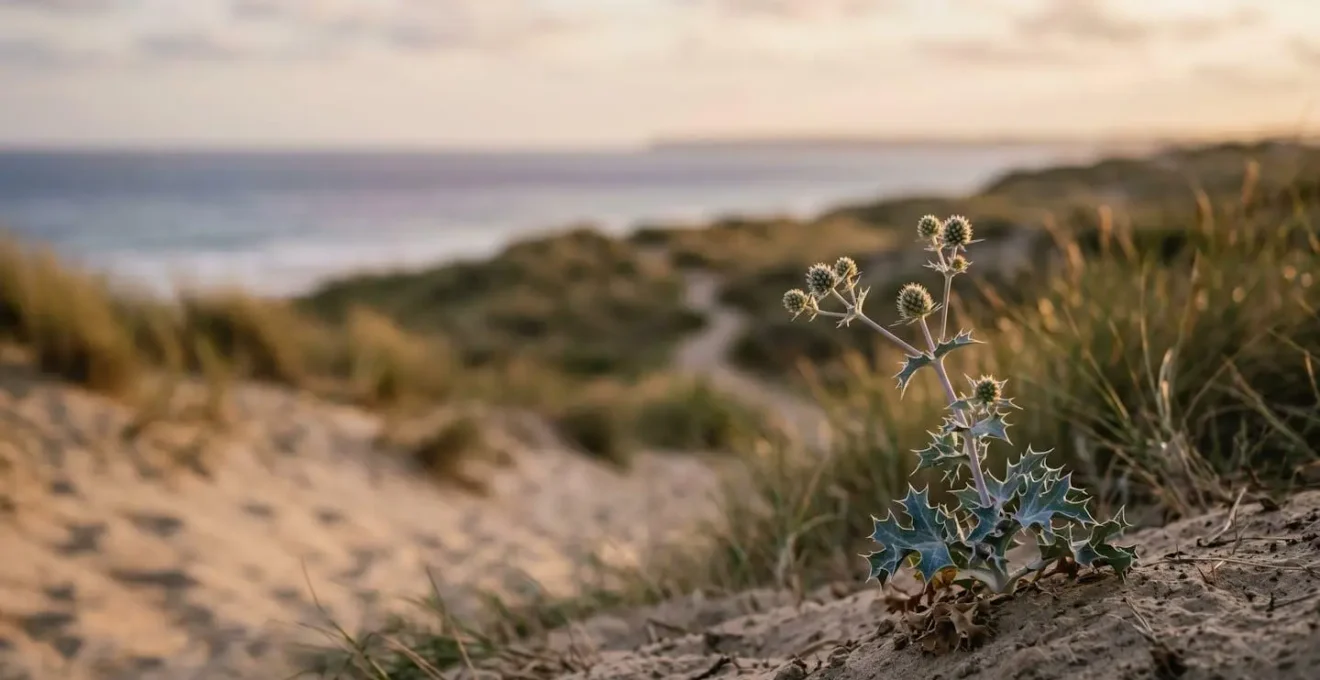 Gros plan sur une plante protégée des dunes bretonnes dans son habitat naturel