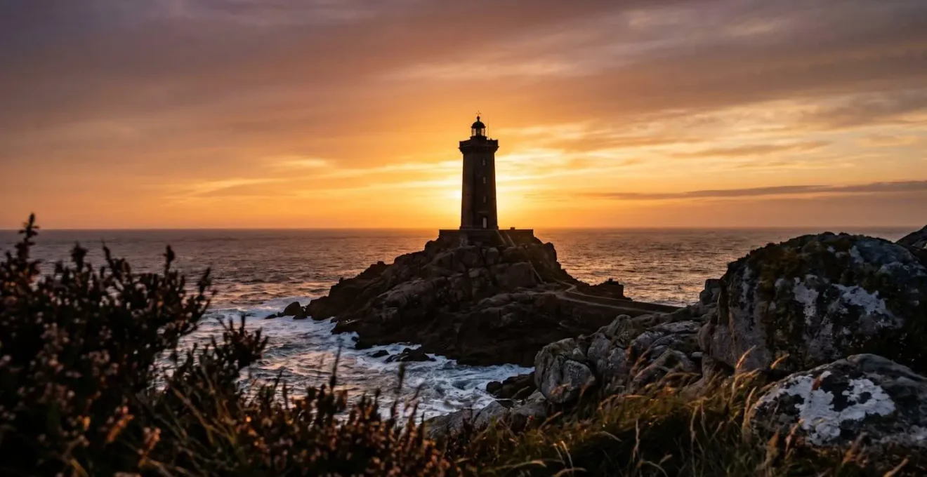 Phare de la Vieille au coucher du soleil depuis les falaises de la Pointe du Raz avec lumière dorée