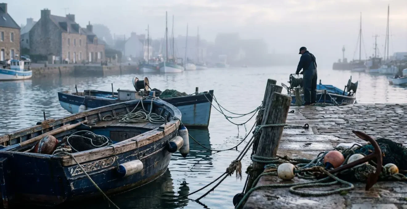 Port de pêche breton au petit matin avec bateaux traditionnels et atmosphère paisible, symbolisant le rythme local.