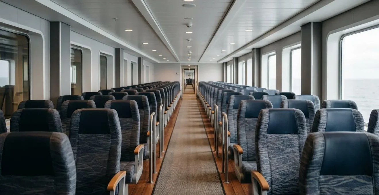 Vue intérieure d'un ferry montrant les sièges centraux et la stabilité du pont principal