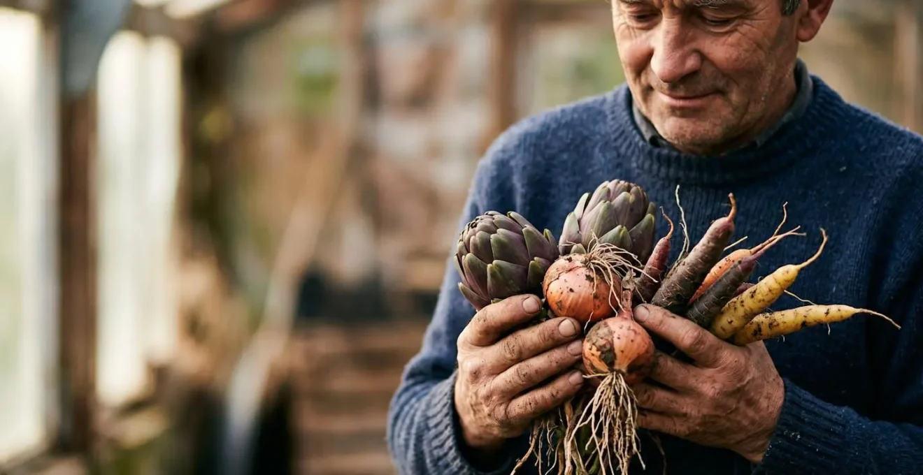 Mains de maraîcher breton présentant des légumes fraîchement récoltés avec terre sur les racines