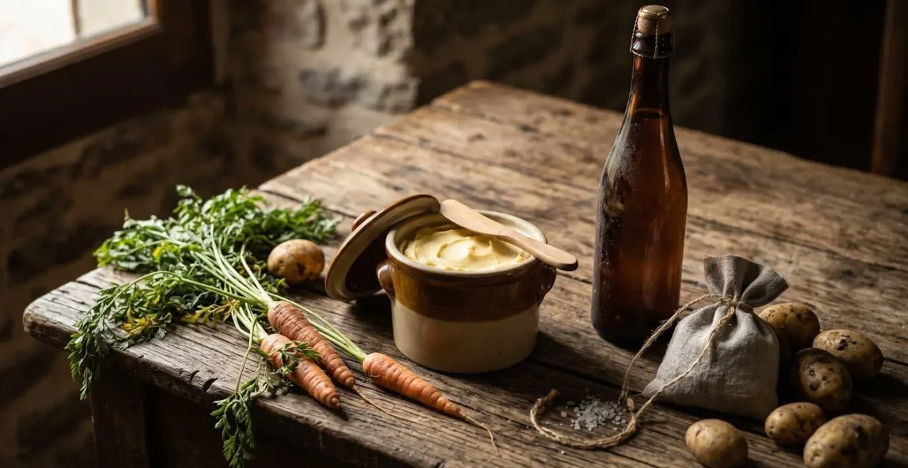 Produits du terroir breton traditionnel disposés sur une table en bois rustique