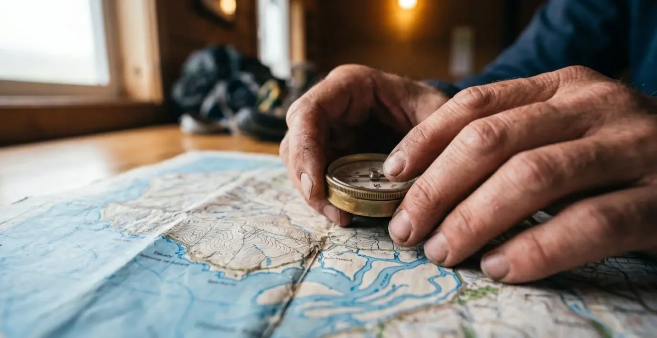 Main de randonneur consultant une application mobile de prévisions de marées avec carte marine en arrière-plan sur table de refuge