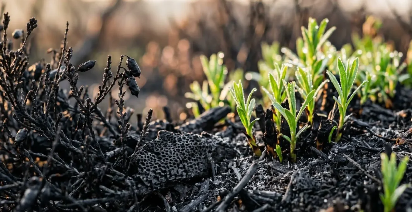 Contraste entre végétation calcinée et premières repousses vertes symbolisant la résilience écologique