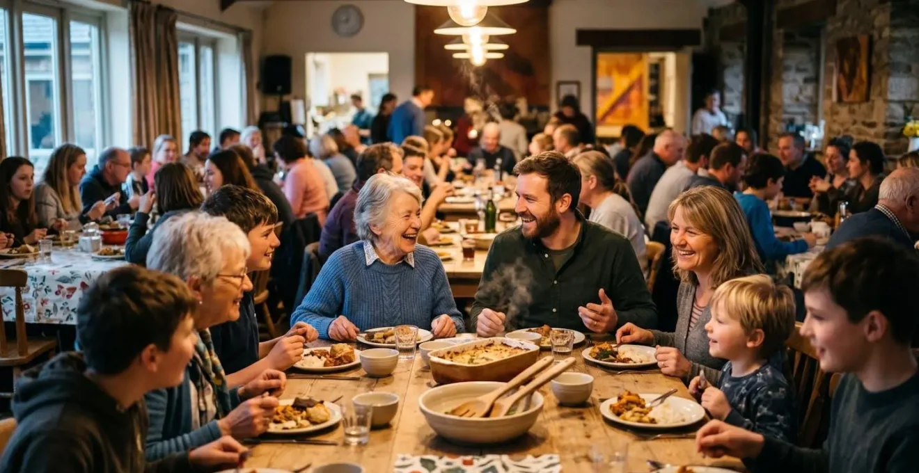 Atmosphère chaleureuse d'un repas communautaire avec tables partagées et convivialité
