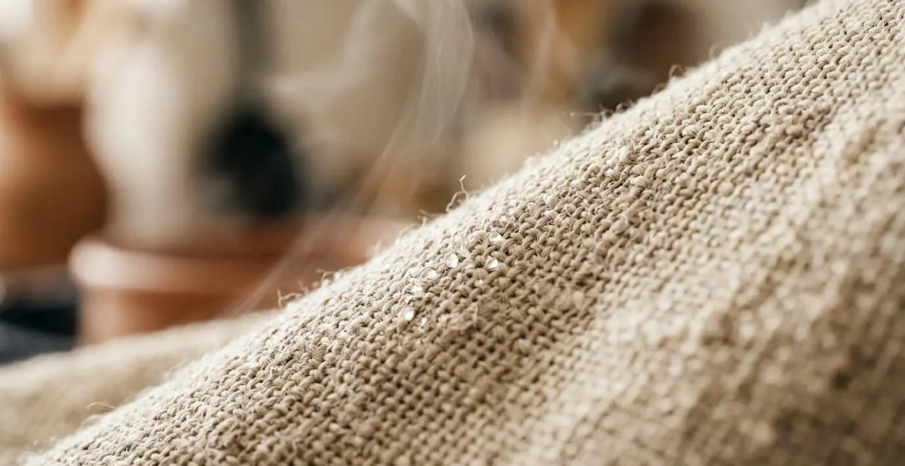 Gros plan macro sur la texture d'un sac à farz en toile de lin imprégné de vapeur, détails des fibres naturelles