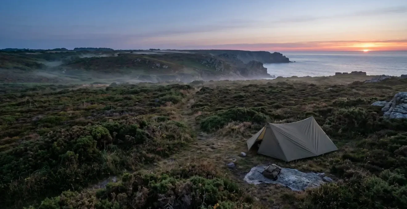 Tente de bivouac minimaliste installée discrètement dans la lande bretonne à l'aube près des falaises côtières