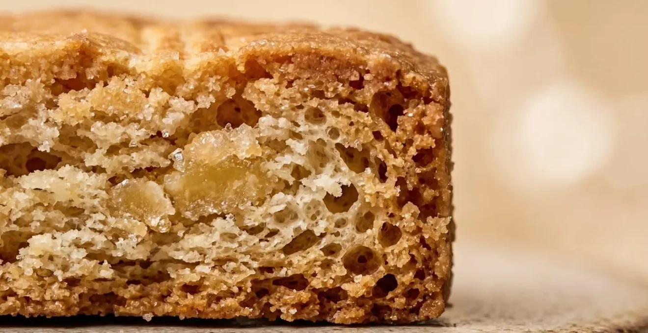 Gros plan macro sur la texture friable d'un palet breton montrant la structure alvéolée et les cristaux de beurre