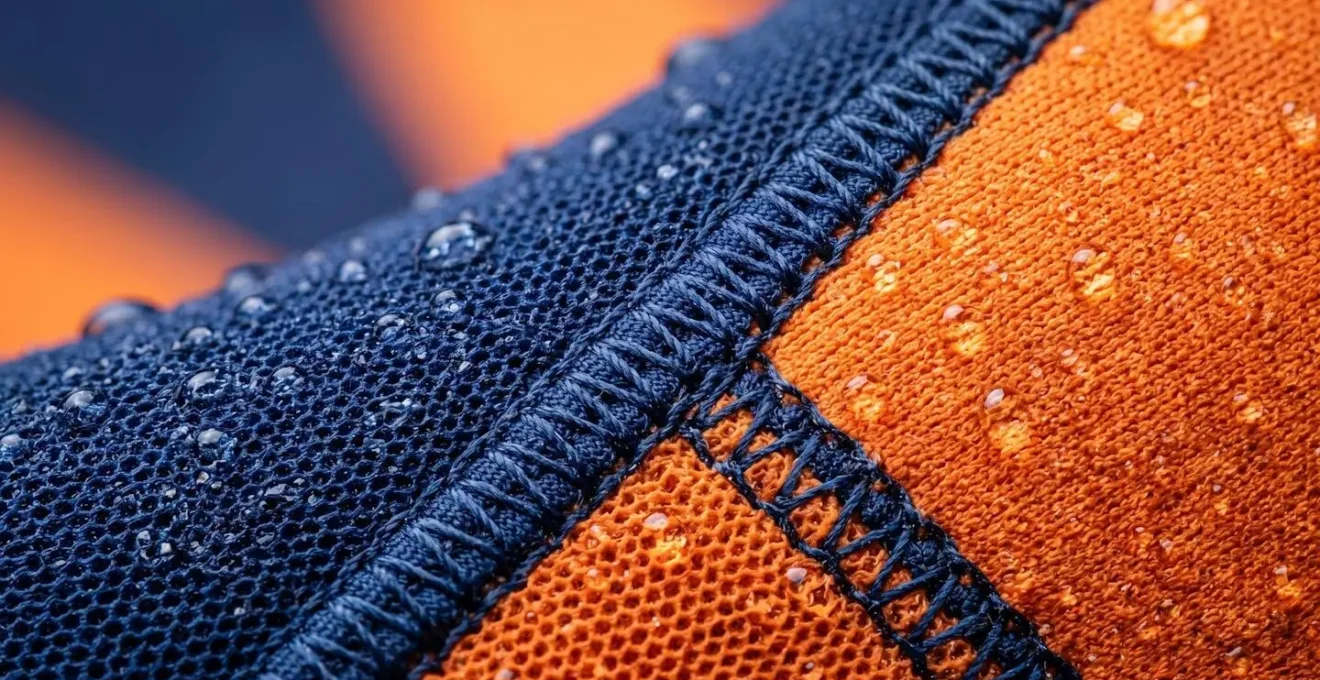 Gros plan texture néoprène noir et orange d'une combinaison de voile pour enfant avec détails des coutures