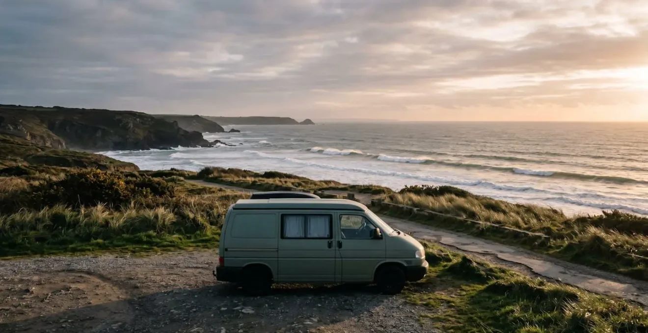 Van aménagé stationné de façon discrète près d'un spot de surf breton au lever du soleil
