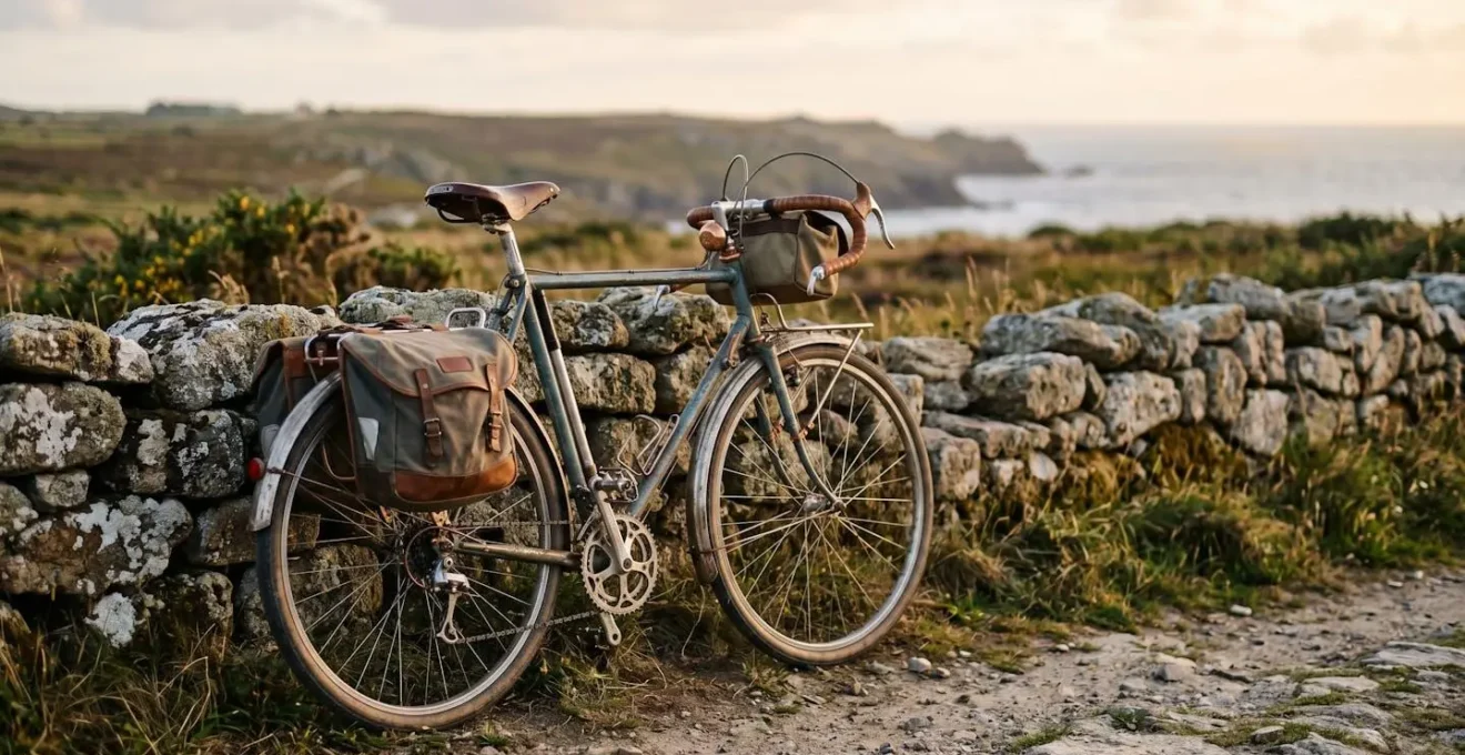 Vélo posé contre un muret de pierres sur l'île d'Ouessant avec paysage de landes maritimes en arrière-plan