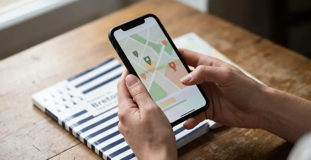 Mains tenant un smartphone montrant une carte géographique de la Bretagne avec des repères de localisation, sur fond de guide touristique breton