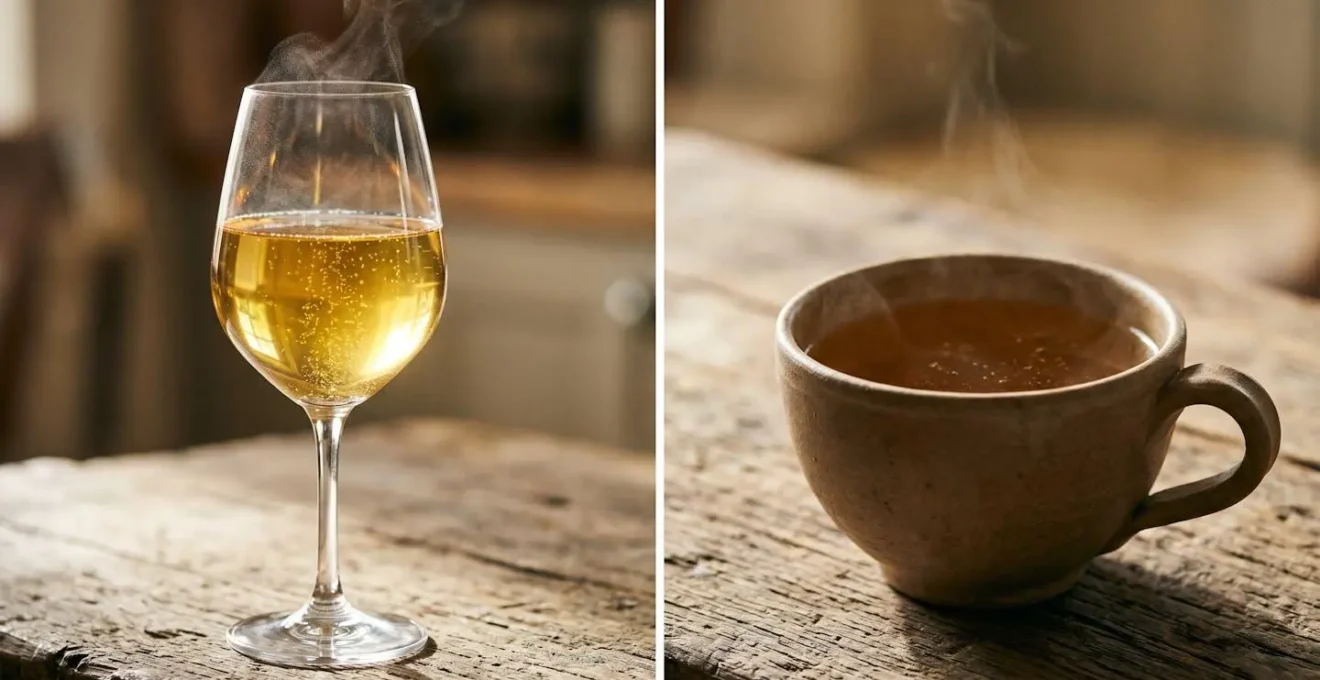 Comparaison visuelle entre un verre tulipe et une bolée traditionnelle pour la dégustation de cidre