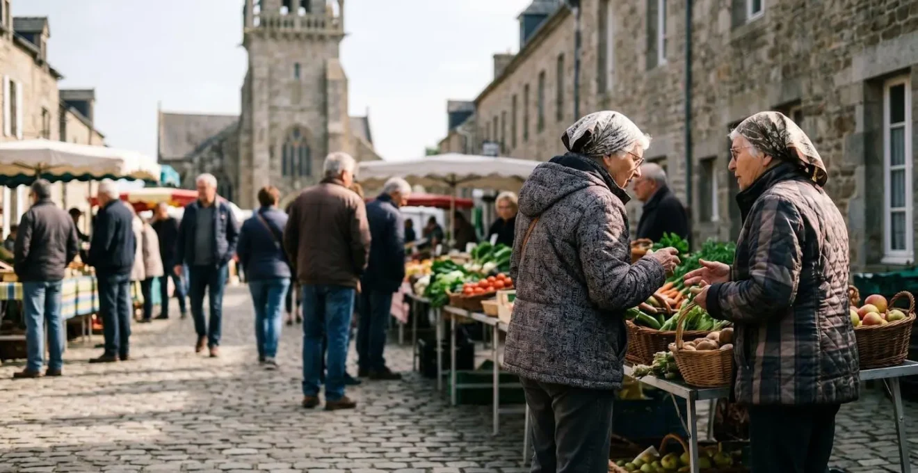 Scène de vie quotidienne sur une place de village breton avec son marché hebdomadaire, son église et ses habitants