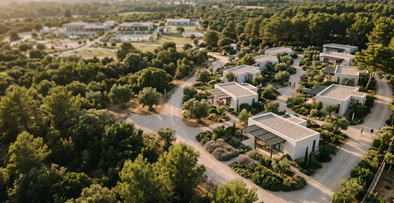 Vue aérienne paisible d'un village vacances montrant les zones calmes éloignées des animations