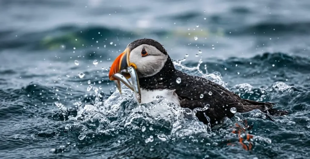 Macareux moine émergeant de l'océan avec un petit poisson dans son bec coloré Macareux moine émergeant de l'océan avec un petit poisson dans son bec coloré